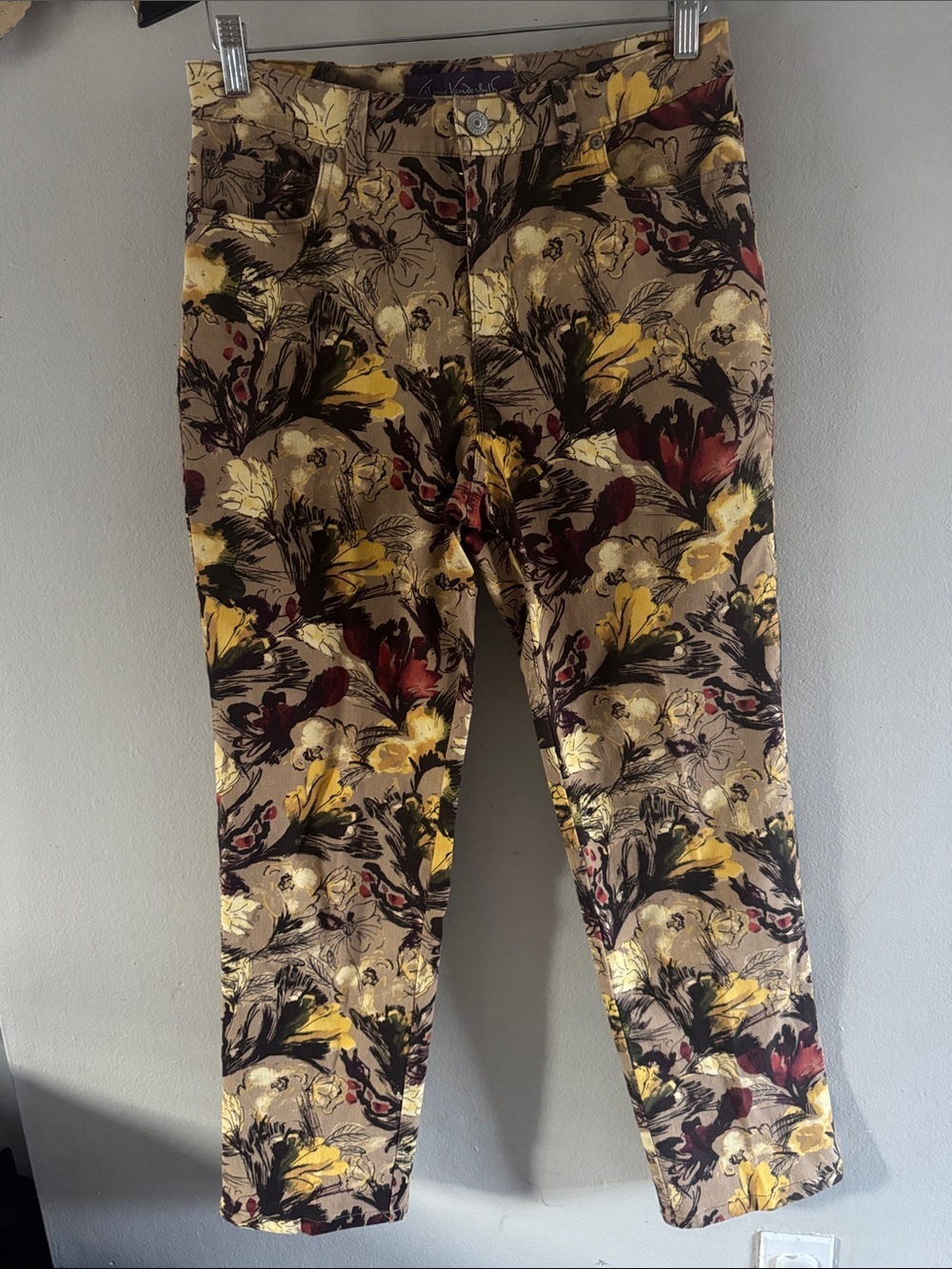 Gloria Vanderbilt Floral Print Khaki Jeans with Yellow and Burgundy Accents